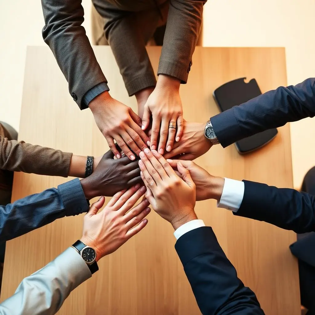 Hands of business partners united around a table